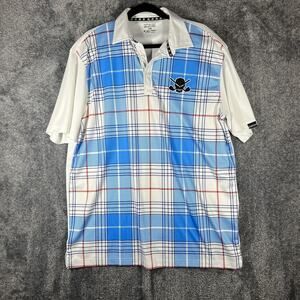 Tattoo Golf Hazard Collection Polo Shirt Mens 2XL Blue White Plaid Skull Logo